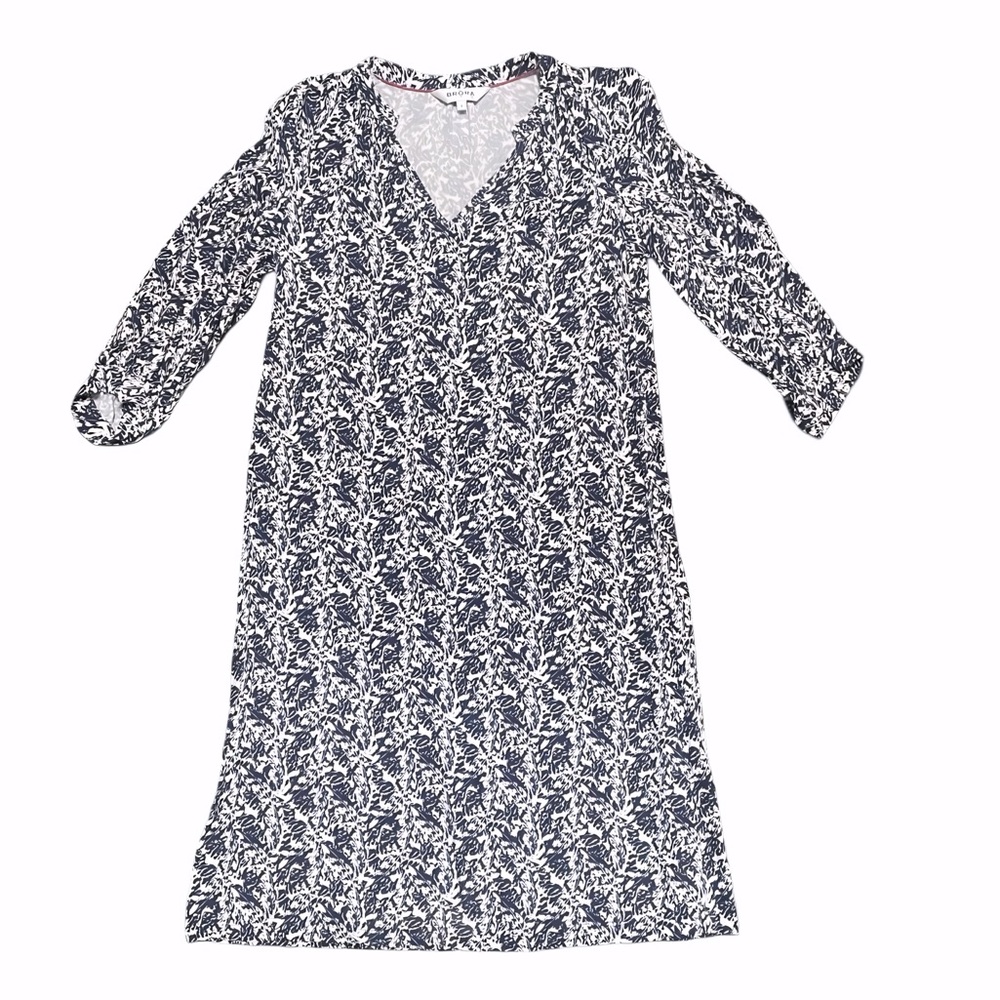 Brora Navy Print Jersey V neck Midi Dress Size 6 3/4 sleeves - Picture 3 of 12